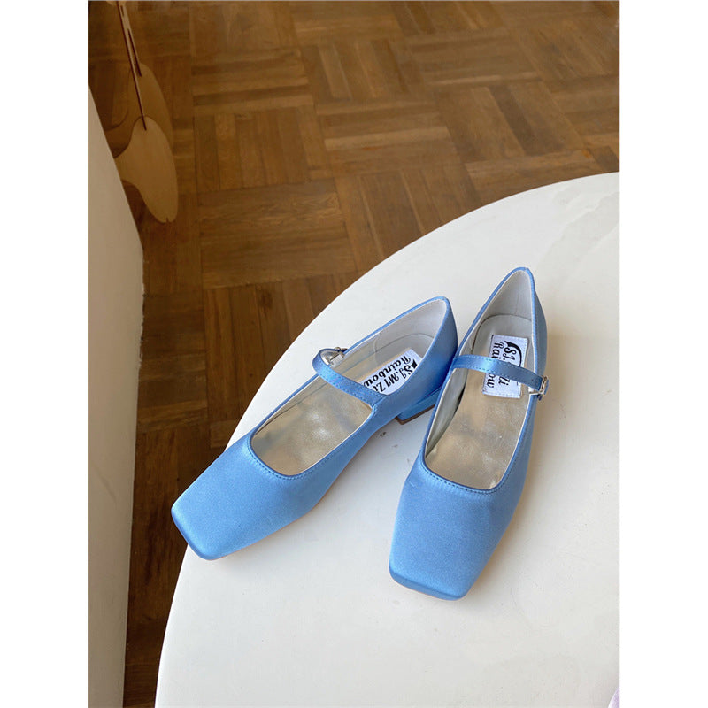French-style Vintage Square-toe Satin Granny Shoes With A Buckle Strap