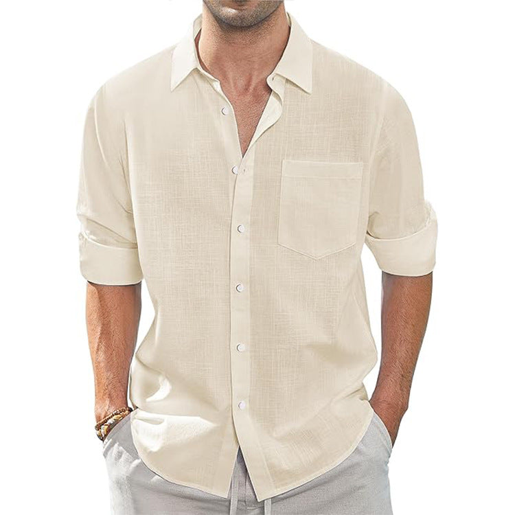 Thin Lapel-collar Linen Long-sleeve Shirt With Pockets