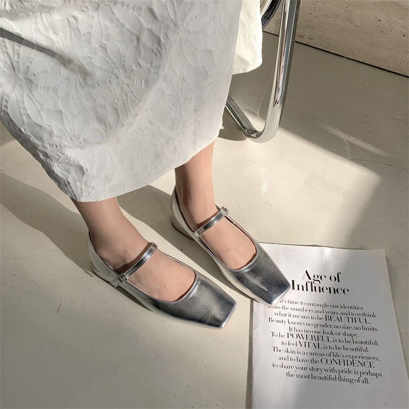 French-style Vintage Square-toe Satin Granny Shoes With A Buckle Strap