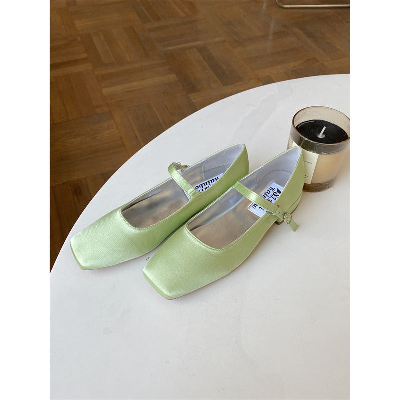 French-style Vintage Square-toe Satin Granny Shoes With A Buckle Strap