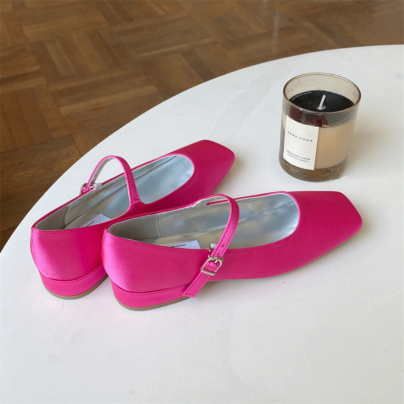 French-style Vintage Square-toe Satin Granny Shoes With A Buckle Strap