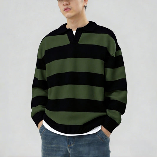 Men's Casual Spring Autumn Everyday V-Neck Pullover Contrast-Color Striped Long-Sleeve Knit Sweater